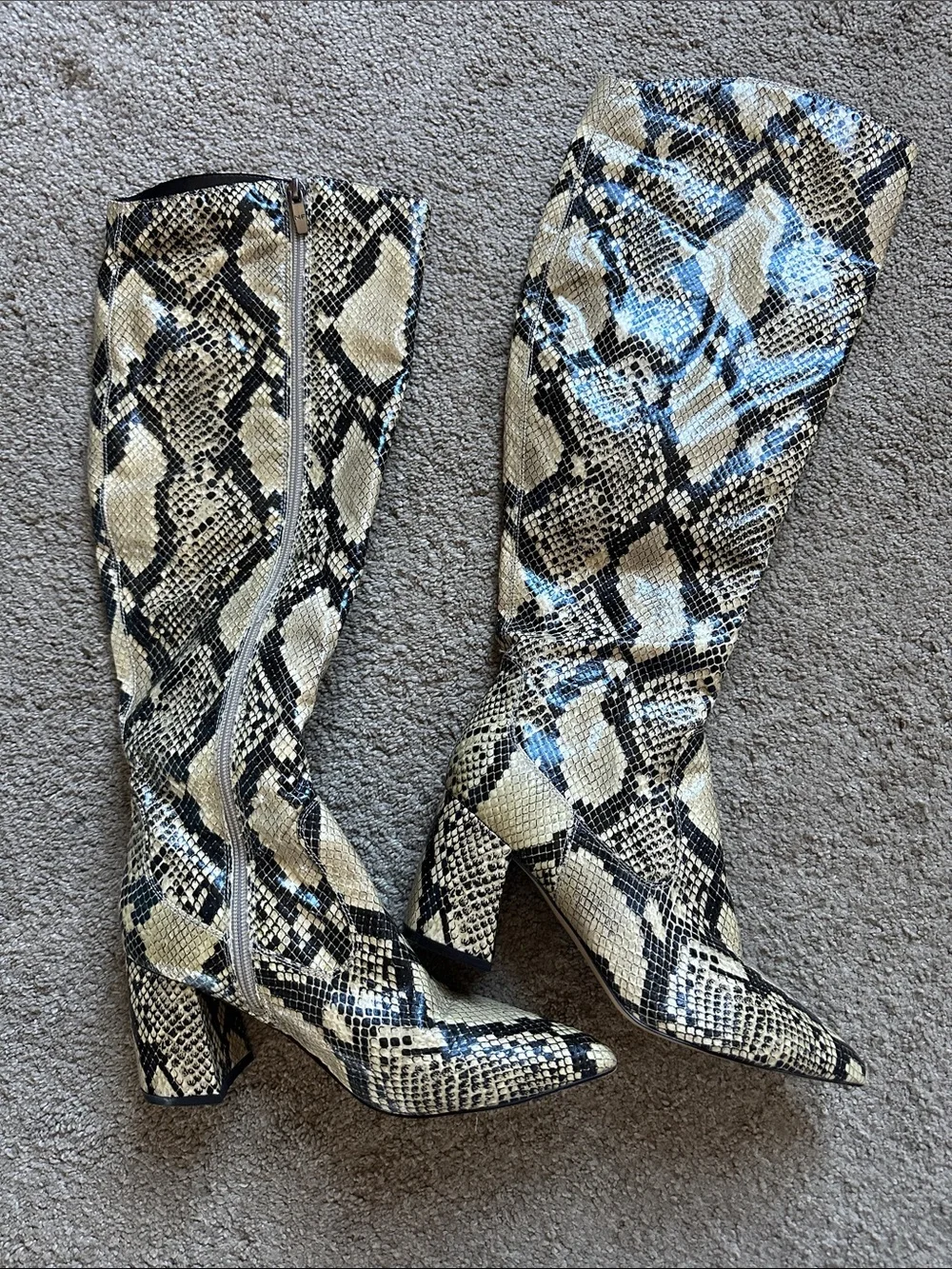 Snake-Print Knee High Boots in Beige and Black - Fashion Reptile Style